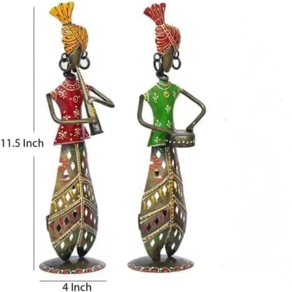 Set of 2 Candle Holder Diffuser Colorful Metal Indian Musician Table Decor 11.5”